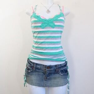 y2k teal grey striped lace trim cami top bow detail